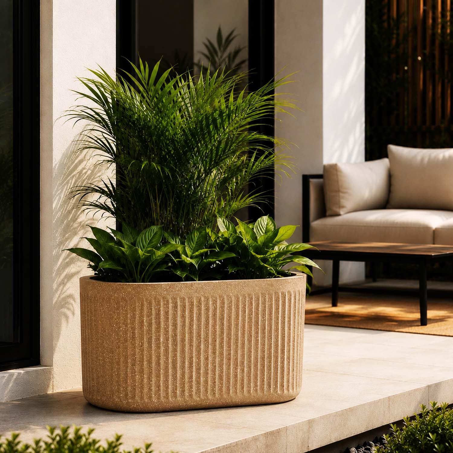 Go Hooked Large Oval Planter Pot (20x9) Inch | Aurelia Modern Ribbed Grey Stone Texture Finish | UV & Weather Resistant Decorative Floor Planter for Balcony, Patio, Terrace, Garden & Entrance