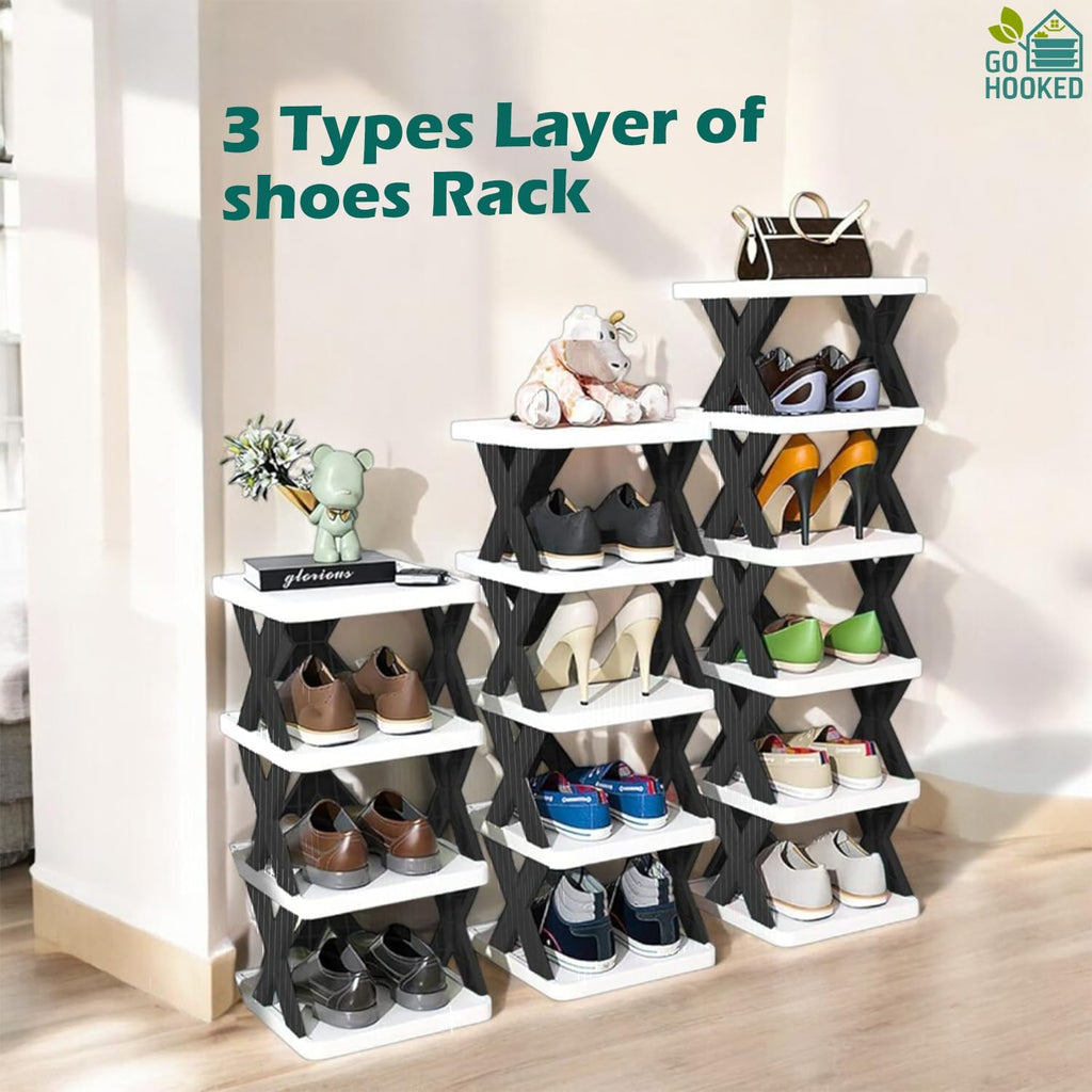 Go Hooked Shoe Rack 4-Tier Durable Plastic Organizer with Modern Black & White Design Lightweight Storage for Shoes, Sneakers and Sandals Easy to Assemble with Anti-Slip Frame for Stability