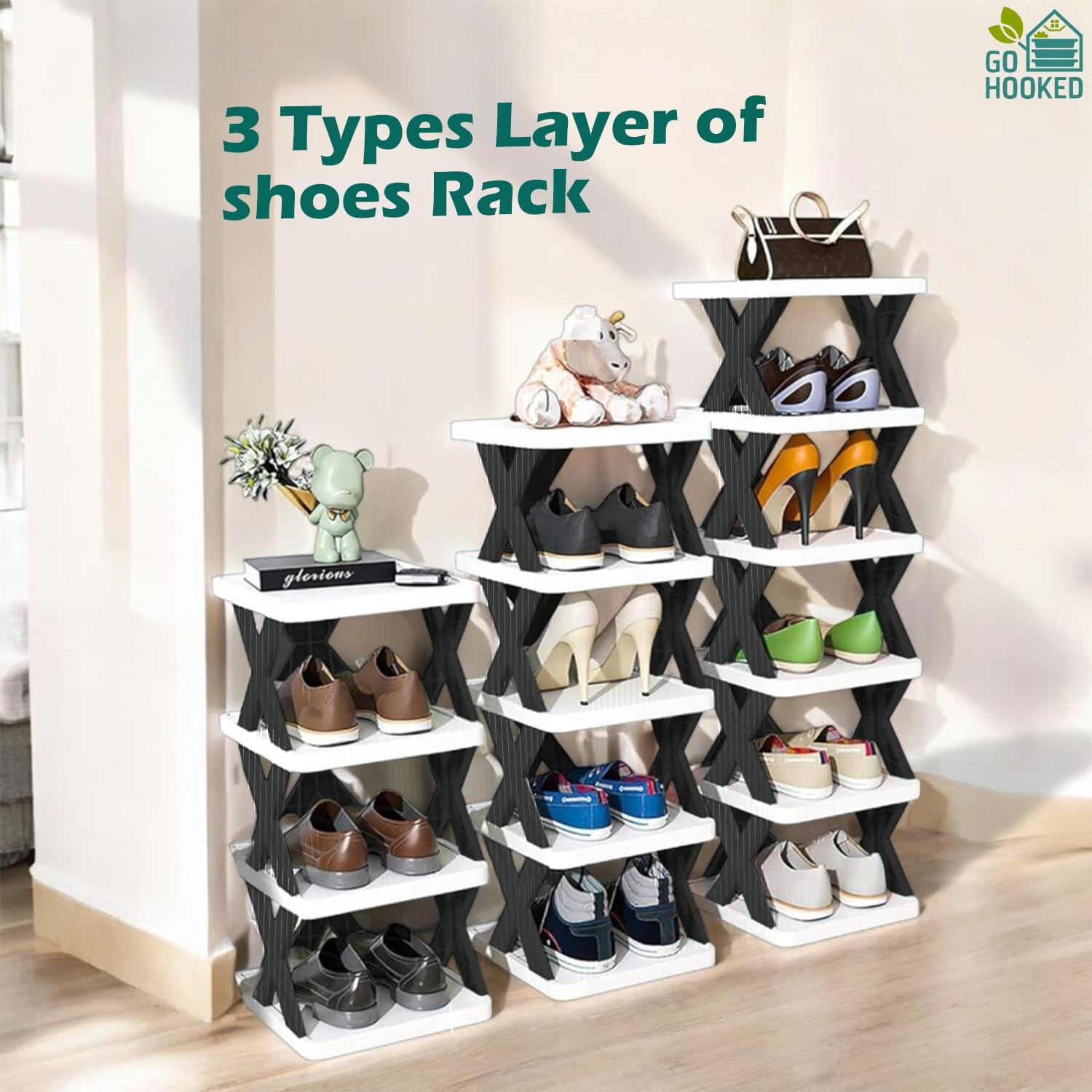 Go Hooked Shoe Rack 4-Tier Durable Plastic Organizer with Modern Black & White Design Lightweight Storage for Shoes, Sneakers and Sandals Easy to Assemble with Anti-Slip Frame for Stability