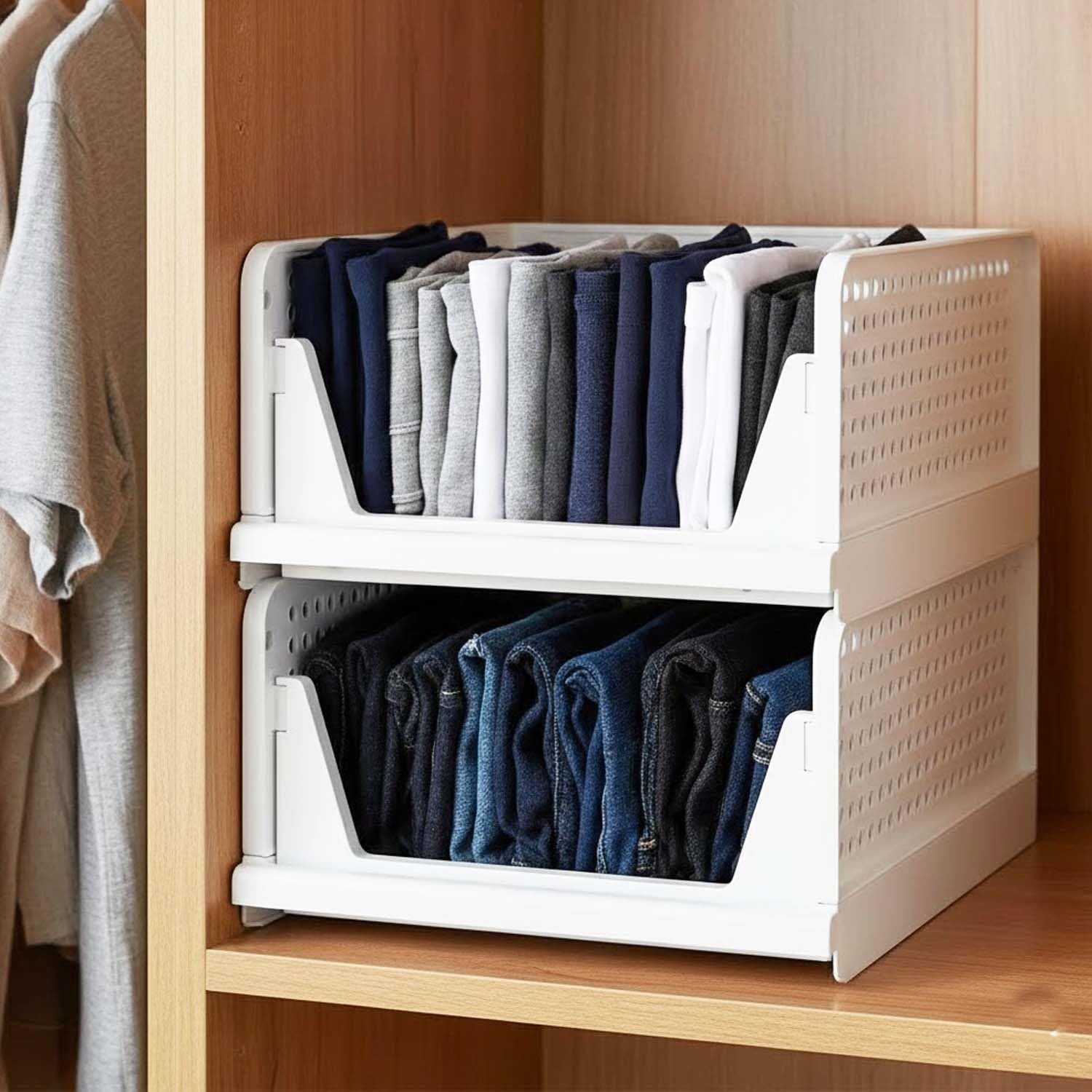 Go Hooked Foldable Wardrobe Organizer with Drawer Style Pull Out Design | Pack of 5 Small (44x34x14.5 cm) Shelf Storage Box | Heavy Duty Plastic Shirt Stacker for Cupboard, Almirah & Closet | White