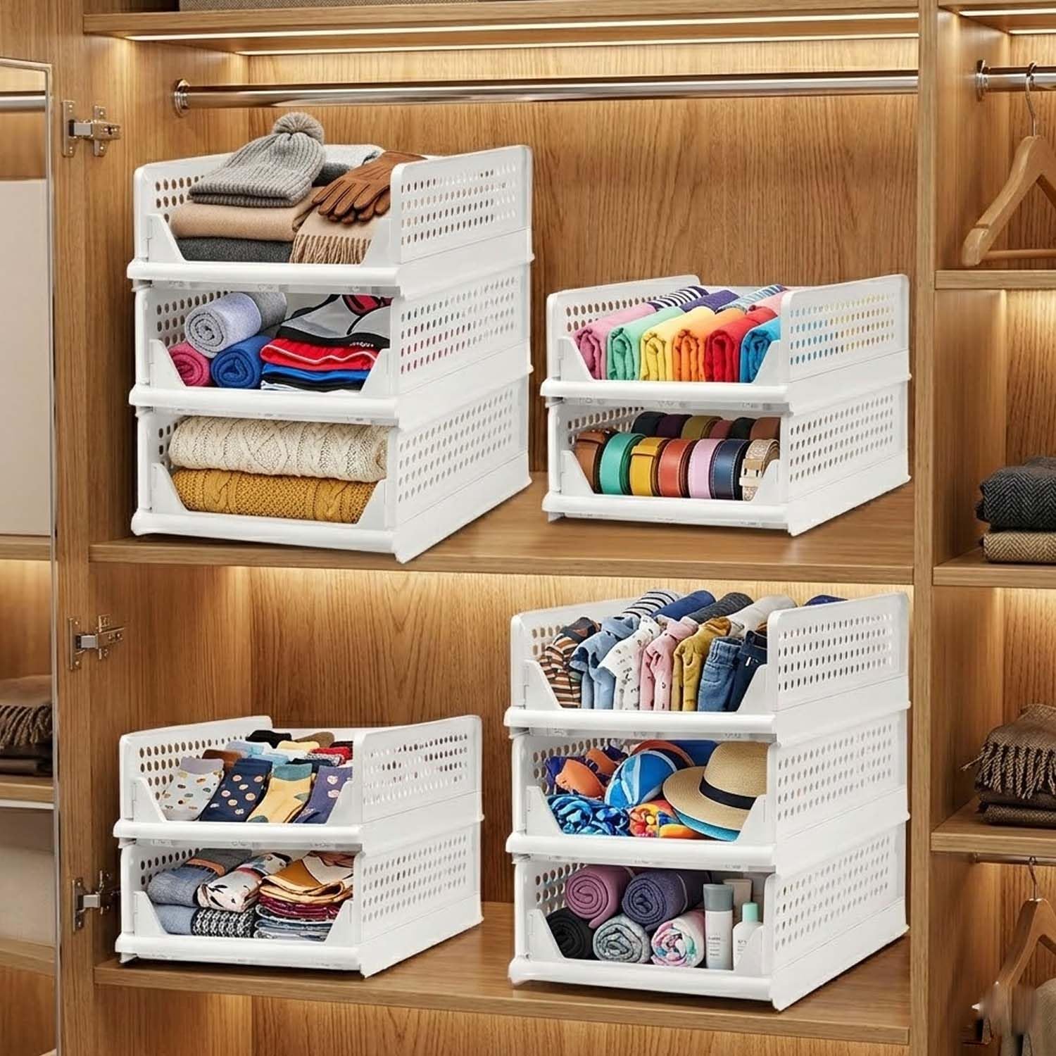 Go Hooked Foldable Wardrobe Organizer with Drawer Style Pull Out Design | Pack of 5 Small (44x34x14.5 cm) Shelf Storage Box | Heavy Duty Plastic Shirt Stacker for Cupboard, Almirah & Closet | White