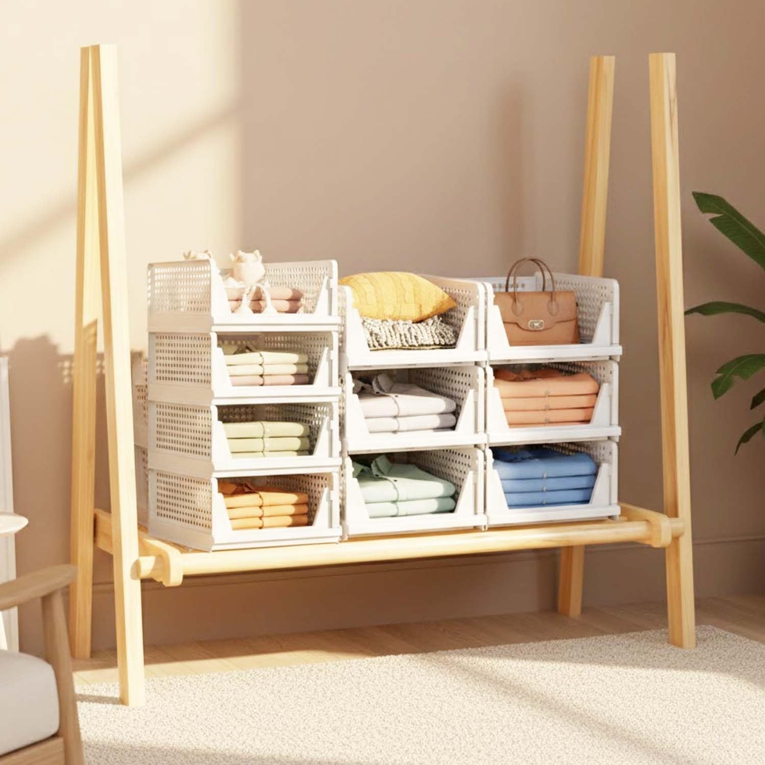 Go Hooked Foldable Wardrobe Organizer with Drawer Style Pull Out Design | Pack of 5 Small (44x34x14.5 cm) Shelf Storage Box | Heavy Duty Plastic Shirt Stacker for Cupboard, Almirah & Closet | White