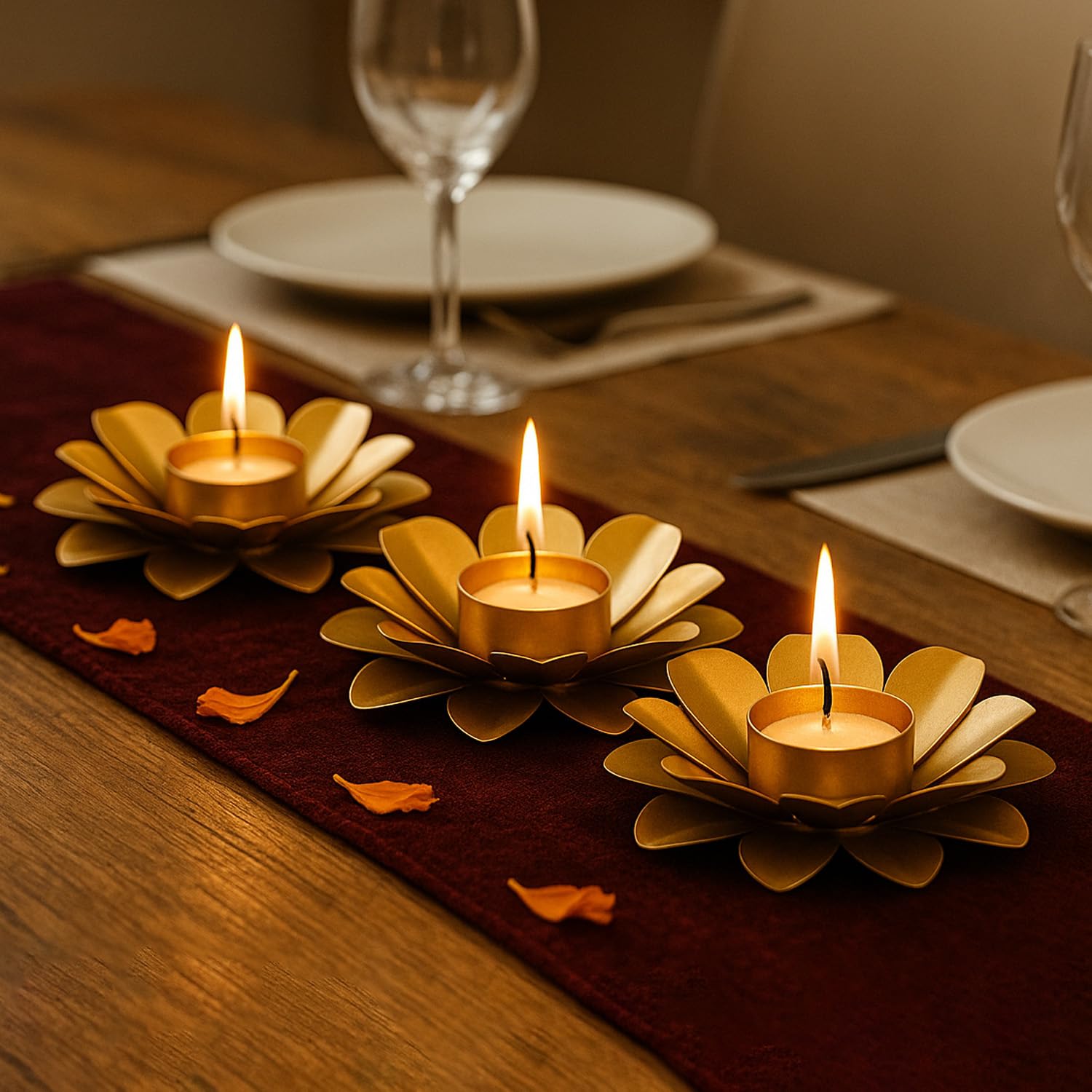 Go Hooked Lotus Tealight Holder Set of 3pcs Hand‑Crafted Metal Candle Stand in Luxe Matte‑Gold Finish, Decorative Lotus Diya for Diwali, Home, Temple, Festive & Tabletop