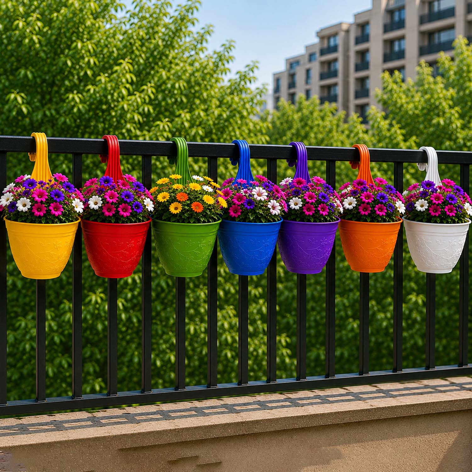 Go Hooked Hanging Planter Pots for Balcony Railing | Small Plastic Victor Hook Flower Pots for Fence, Grill & Balcony (Multicolor, 16.5x9x19 cm) | Decorative Planters for Home Garden Décor