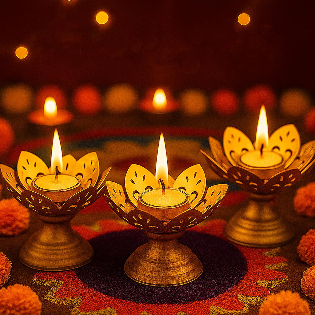 Go Hooked Lotus Tealight Holder Set of 3pcs Hand‑Crafted Metal Candle Stand in Luxe Matte‑Gold Finish, Decorative Lotus Diya for Diwali, Home, Temple, Festive & Tabletop