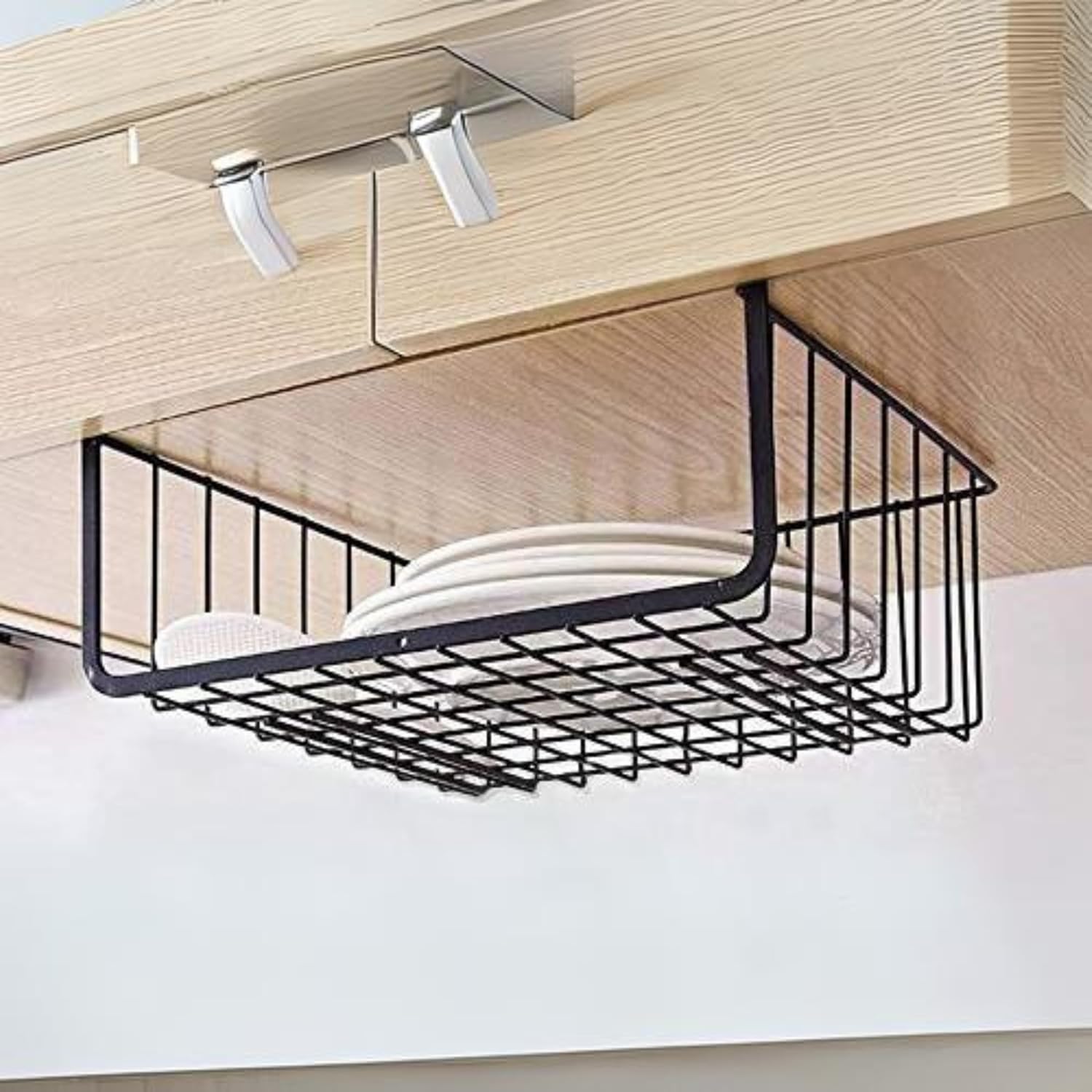 Go Hooked Multipurpose 16 Inch Under Shelf Basket Powder Coated Iron Under Cabinet Organiser Undershelf Organiser Basket Under Shelf Storage Rack for Kitchen Bedroom Office Pack of 2 Black