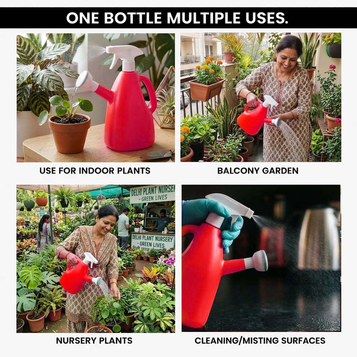 Go Hooked 2in1 Plant Watering Can with Spray Bottle & Shower Head 1 Litre | Multi-Purpose Garden Water Sprayer for Indoor Plants, Balcony Garden & Nursery | Plastic Watering Pot with Handle (Red)