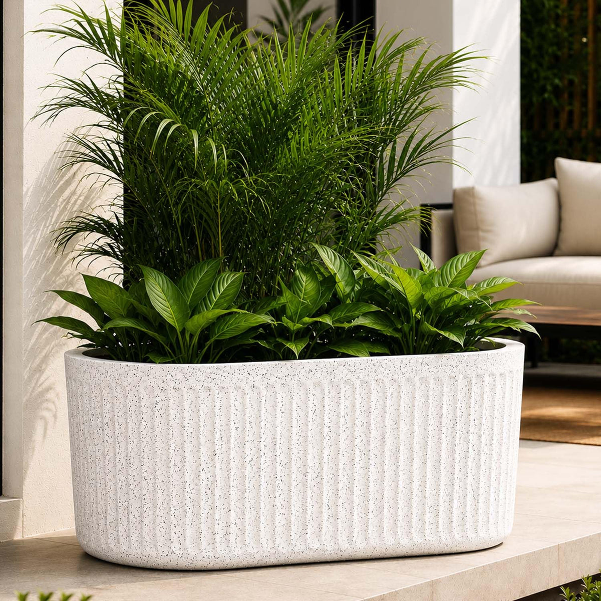 Go Hooked Large Oval Planter Pot (20x9) Inch | Aurelia Modern Ribbed Grey Stone Texture Finish | UV & Weather Resistant Decorative Floor Planter for Balcony, Patio, Terrace, Garden & Entrance