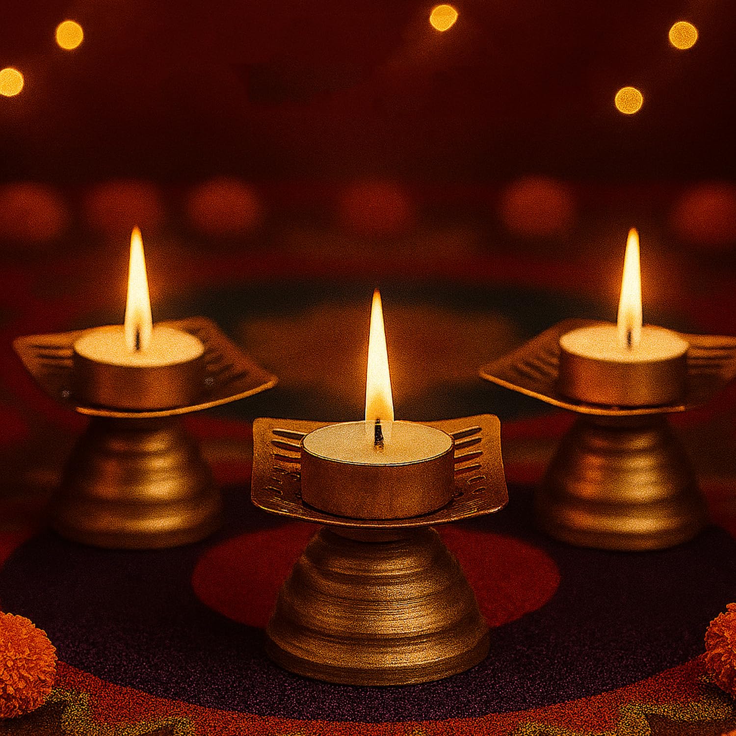 Go Hooked Lotus Tealight Holder Set of 3pcs Hand‑Crafted Metal Candle Stand in Luxe Matte‑Gold Finish, Decorative Lotus Diya for Diwali, Home, Temple, Festive & Tabletop