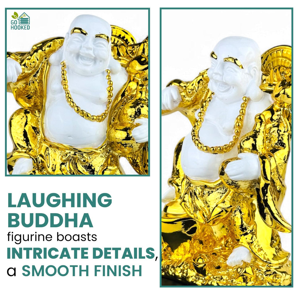 Go Hooked Laughing Buddha Polyresin Statue Prosperity, Wealth & Happiness Idol for Home & Office DÃ©cor 24Cm | Gold & White Feng Shui Decorative Buddha Figurine