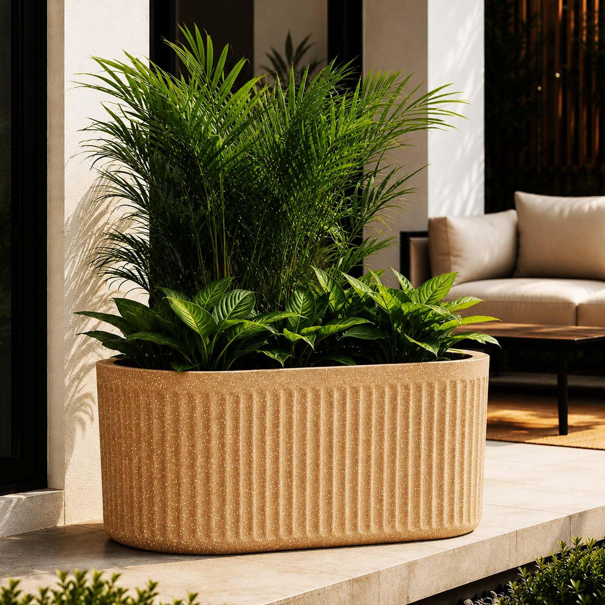 Go Hooked Large Oval Planter Pot (20x9) Inch | Aurelia Modern Ribbed Grey Stone Texture Finish | UV & Weather Resistant Decorative Floor Planter for Balcony, Patio, Terrace, Garden & Entrance