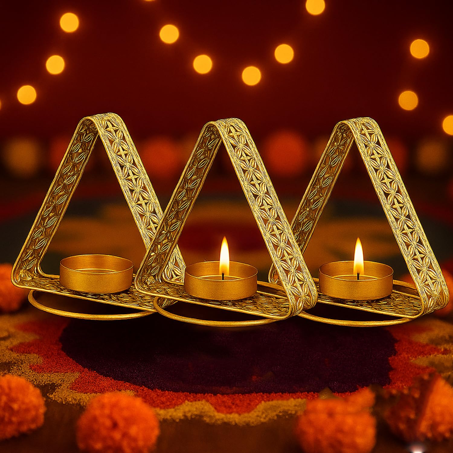 Go Hooked Lotus Tealight Holder Set of 3pcs Hand‑Crafted Metal Candle Stand in Luxe Matte‑Gold Finish, Decorative Lotus Diya for Diwali, Home, Temple, Festive & Tabletop