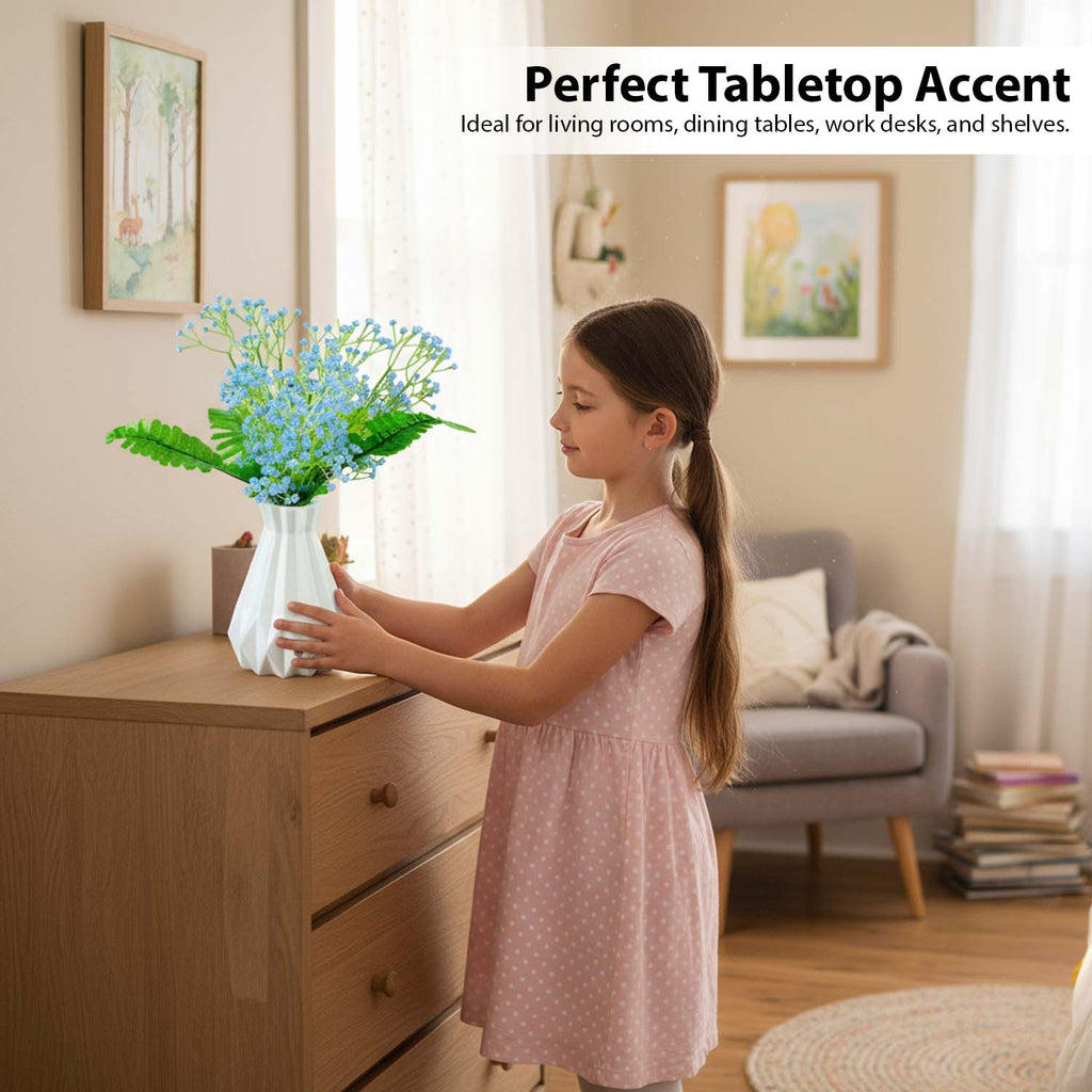 Go Hooked Artificial Flowers with Majesty Vase 45cm Approx | 5Pcs Light Blue Baby’s Breath Gypsophila | 4Pcs Fern Leaves | Real Touch Faux Plant Décor for Living Room, Bedroom, Office & Tabletop