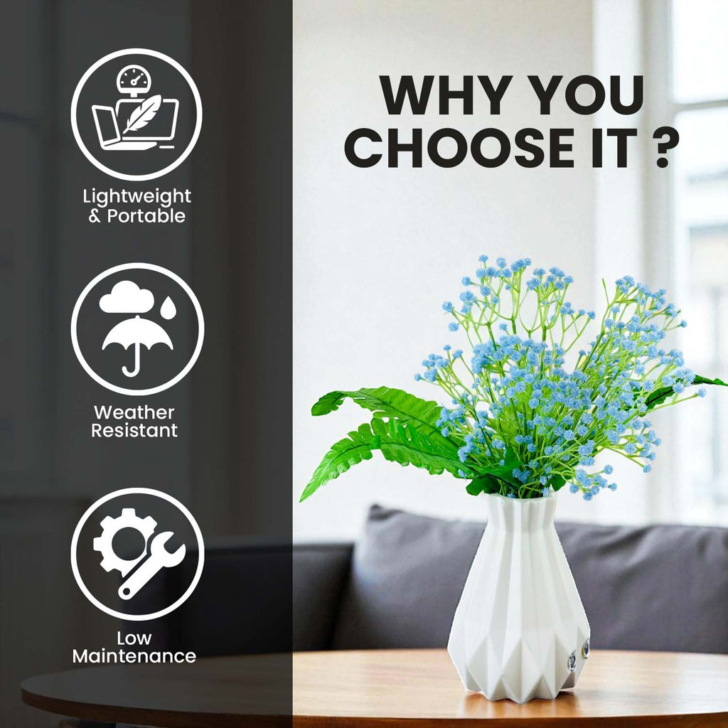 Go Hooked Artificial Flowers with Majesty Vase 45cm Approx | 5Pcs Light Blue Baby’s Breath Gypsophila | 4Pcs Fern Leaves | Real Touch Faux Plant Décor for Living Room, Bedroom, Office & Tabletop