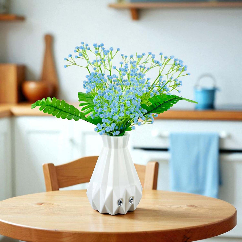 Go Hooked Artificial Flowers with Majesty Vase 45cm Approx | 5Pcs Light Blue Baby’s Breath Gypsophila | 4Pcs Fern Leaves | Real Touch Faux Plant Décor for Living Room, Bedroom, Office & Tabletop