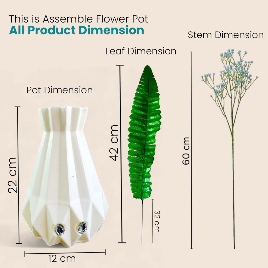 Go Hooked Artificial Flowers with Majesty Vase 45cm Approx | 5Pcs Light Blue Baby’s Breath Gypsophila | 4Pcs Fern Leaves | Real Touch Faux Plant Décor for Living Room, Bedroom, Office & Tabletop