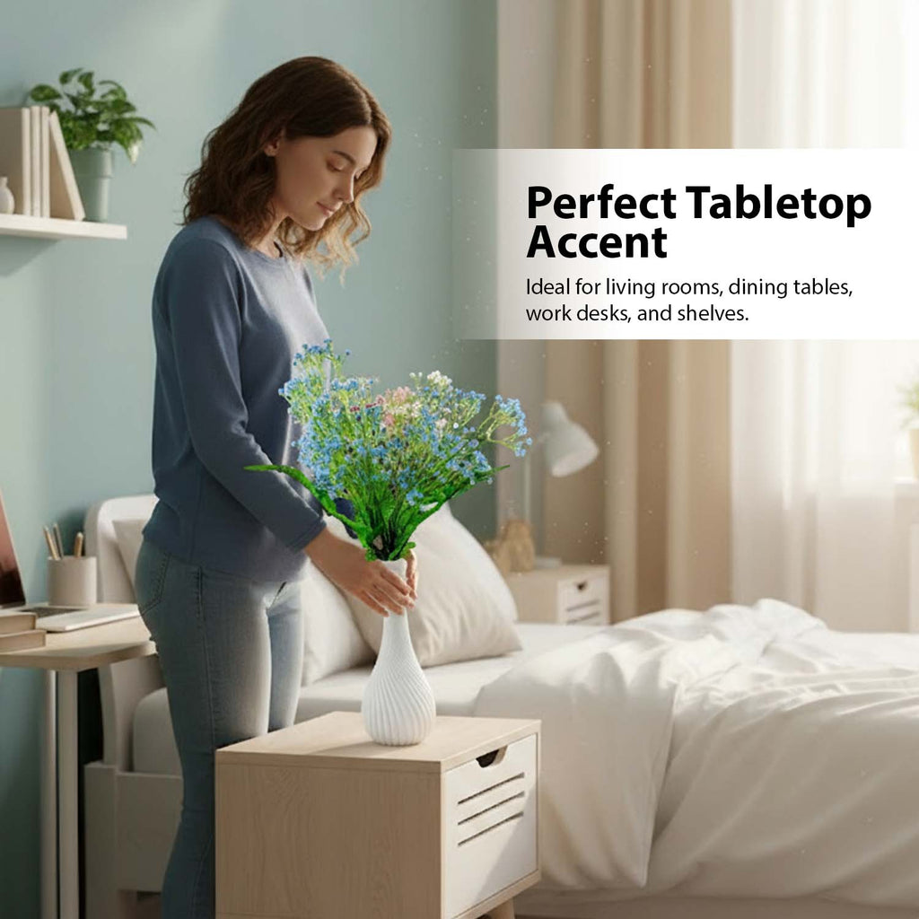 Go Hooked Artificial Flowers with Surahi Vase 60cm Approx | 5Pcs Light Blue Baby’s Breath Gypsophila | 4Pcs Fern Leaves | Real Touch Faux Plant Décor for Living Room, Bedroom, Office & Tabletop