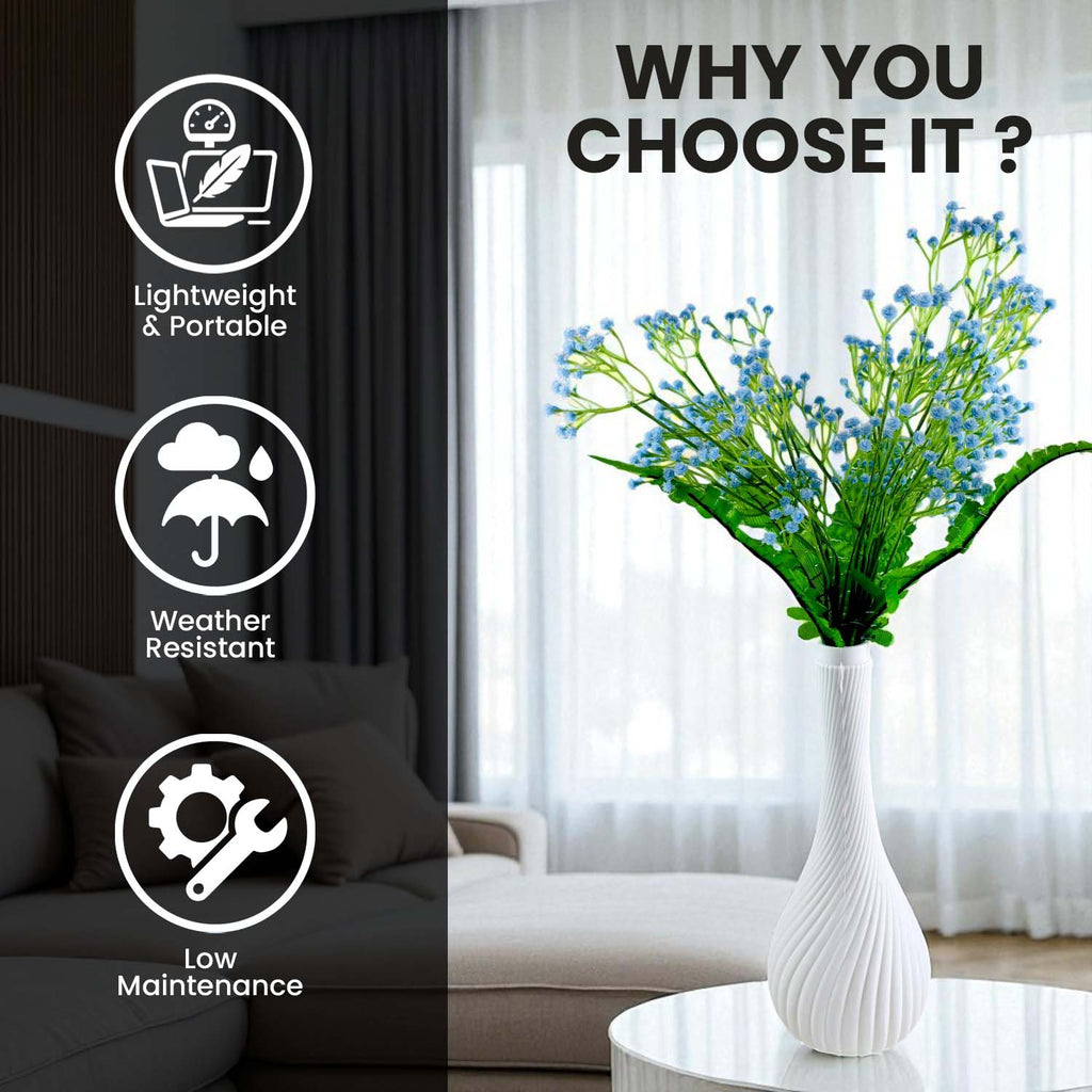 Go Hooked Artificial Flowers with Surahi Vase 60cm Approx | 5Pcs Light Blue Baby’s Breath Gypsophila | 4Pcs Fern Leaves | Real Touch Faux Plant Décor for Living Room, Bedroom, Office & Tabletop