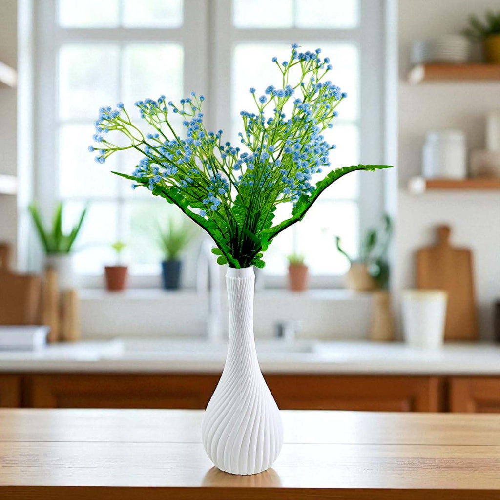 Go Hooked Artificial Flowers with Surahi Vase 60cm Approx | 5Pcs Light Blue Baby’s Breath Gypsophila | 4Pcs Fern Leaves | Real Touch Faux Plant Décor for Living Room, Bedroom, Office & Tabletop