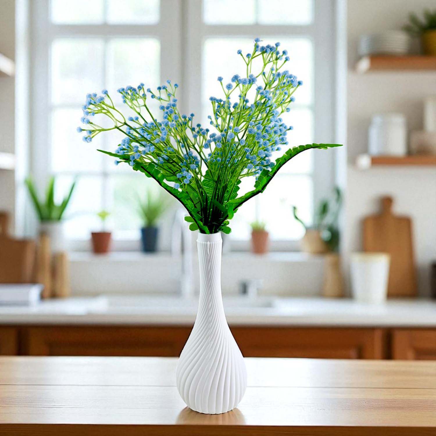Go Hooked Artificial Flowers with Surahi Vase 60cm Approx | 5Pcs Light Blue Baby’s Breath Gypsophila | 4Pcs Fern Leaves | Real Touch Faux Plant Décor for Living Room, Bedroom, Office & Tabletop