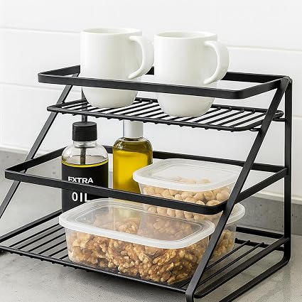 Go Hooked Metal Standing Rack 2-Tier Countertop Organizer | Spices Organizer | Bathroom Essentials | Vanity Storage | Decorative Use | Cosmetic Makeup Storage (Black)
