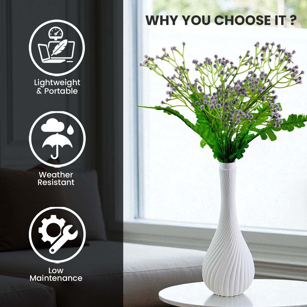 Go Hooked Artificial Flowers with Surahi Vase 60cm Approx | 5Pcs Lavender Baby’s Breath Gypsophila | 4Pcs Fern Leaves | Real Touch Faux Plant Décor for Living Room, Bedroom, Office & Tabletop