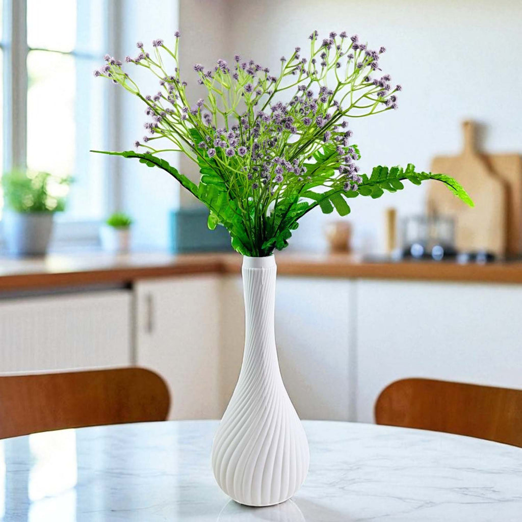 Go Hooked Artificial Flowers with Surahi Vase 60cm Approx | 5Pcs Lavender Baby’s Breath Gypsophila | 4Pcs Fern Leaves | Real Touch Faux Plant Décor for Living Room, Bedroom, Office & Tabletop