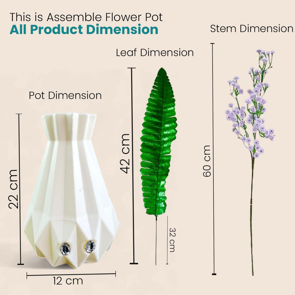 Go Hooked Artificial Flowers with Surahi Vase 60cm Approx | 5Pcs Lavender Baby’s Breath Gypsophila | 4Pcs Fern Leaves | Real Touch Faux Plant Décor for Living Room, Bedroom, Office & Tabletop