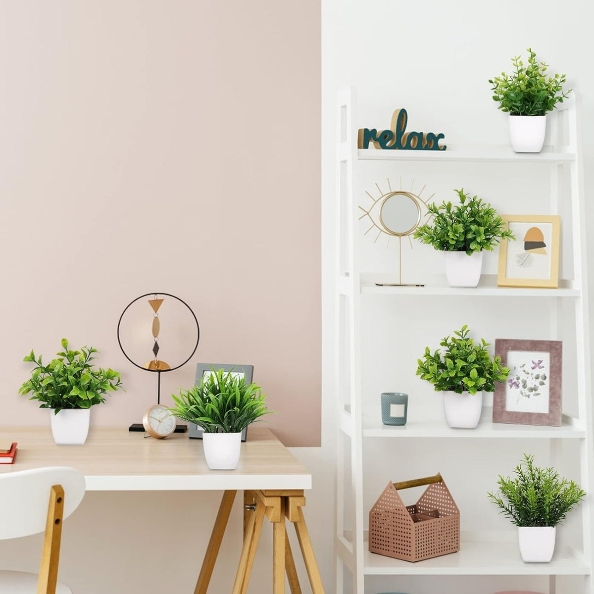 Go Hooked Artificial Plants Small, Mini Artificial Plants Indoor for Home Farmhouse Bathroom Shelf Décor Height 17CM Green and White 8 (Design May Vary)