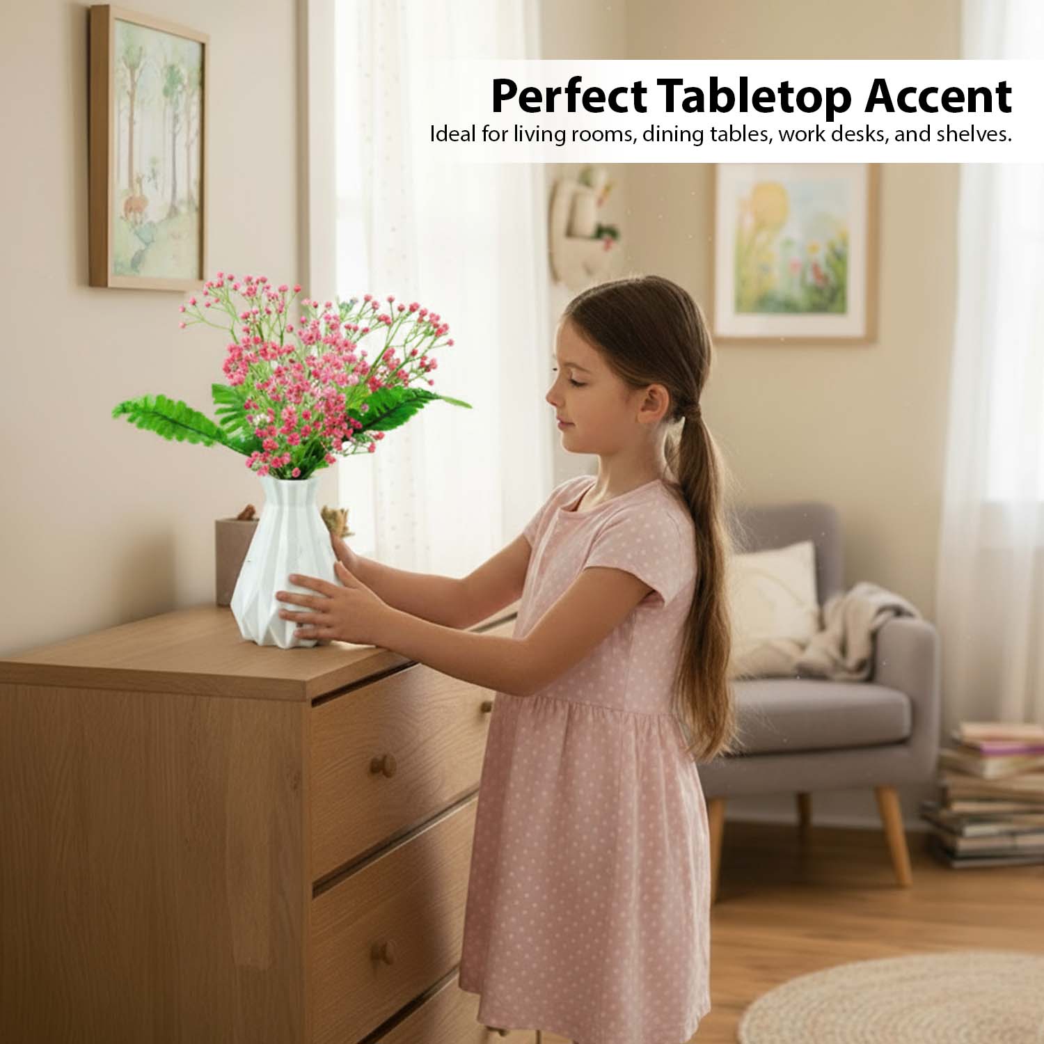 Go Hooked Artificial Flowers with Majesty Vase 45cm Approx | 5Pcs Multicolor Baby’s Breath Gypsophila | 4Pcs Fern Leaves | Real Touch Faux Plant Décor for Living Room, Bedroom, Office & Tabletop