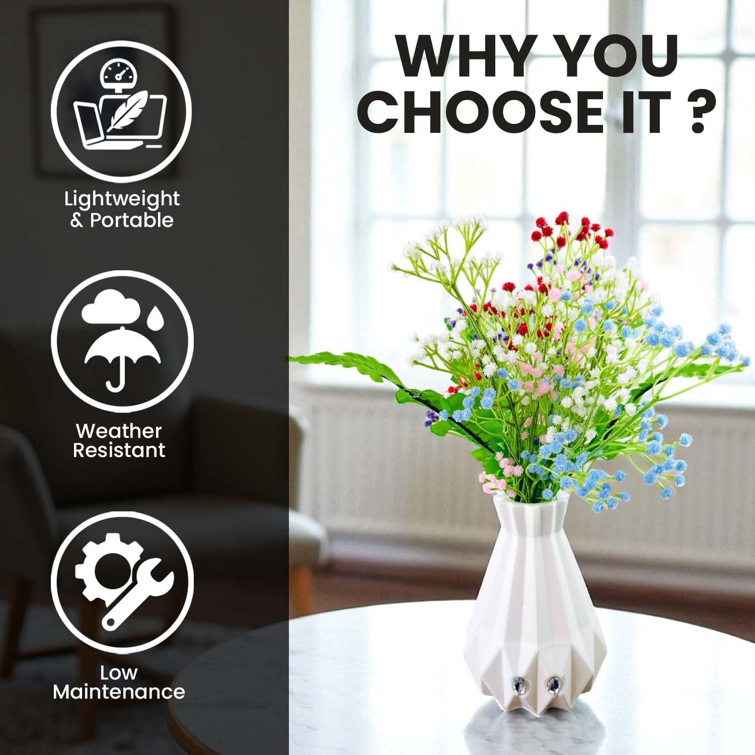 Go Hooked Artificial Flowers with Majesty Vase 45cm Approx | 5Pcs Multicolor Baby’s Breath Gypsophila | 4Pcs Fern Leaves | Real Touch Faux Plant Décor for Living Room, Bedroom, Office & Tabletop