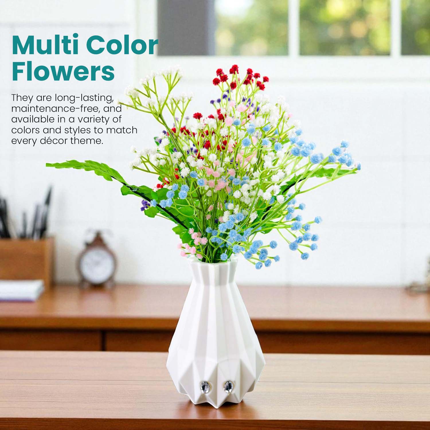 Go Hooked Artificial Flowers with Majesty Vase 45cm Approx | 5Pcs Multicolor Baby’s Breath Gypsophila | 4Pcs Fern Leaves | Real Touch Faux Plant Décor for Living Room, Bedroom, Office & Tabletop