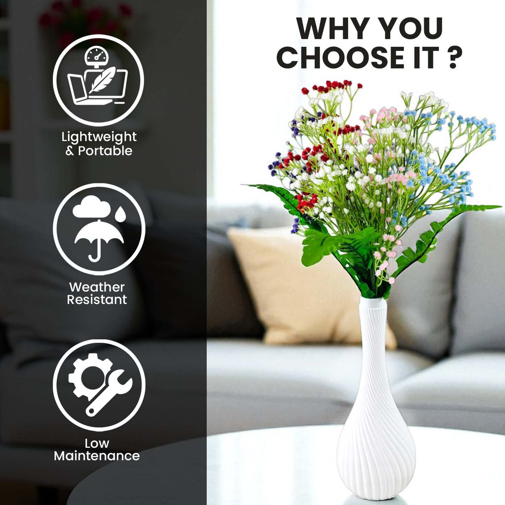 Go Hooked Artificial Flowers with Surahi Vase 60cm Approx | 5Pcs Red Baby’s Breath Gypsophila | 4Pcs Fern Leaves | Real Touch Faux Plant Décor for Living Room, Bedroom, Office & Tabletop