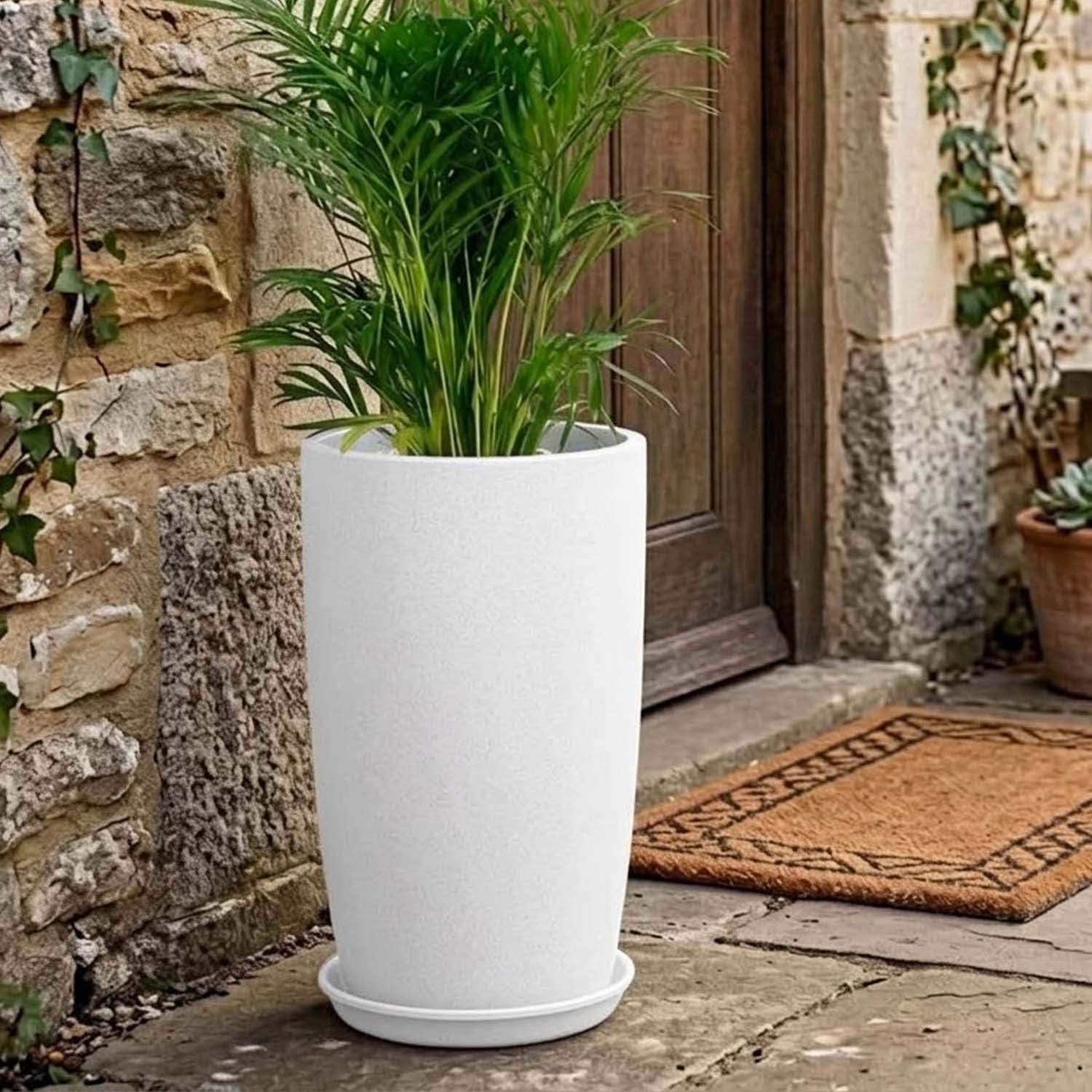 Go Hooked 18 Inch Tower Pots with Saucer Tray Planter - Lightweight, Durable Outdoor & Indoor Planters, Perfect for Balcony & Terrace Gardens (White, Pack of 1)
