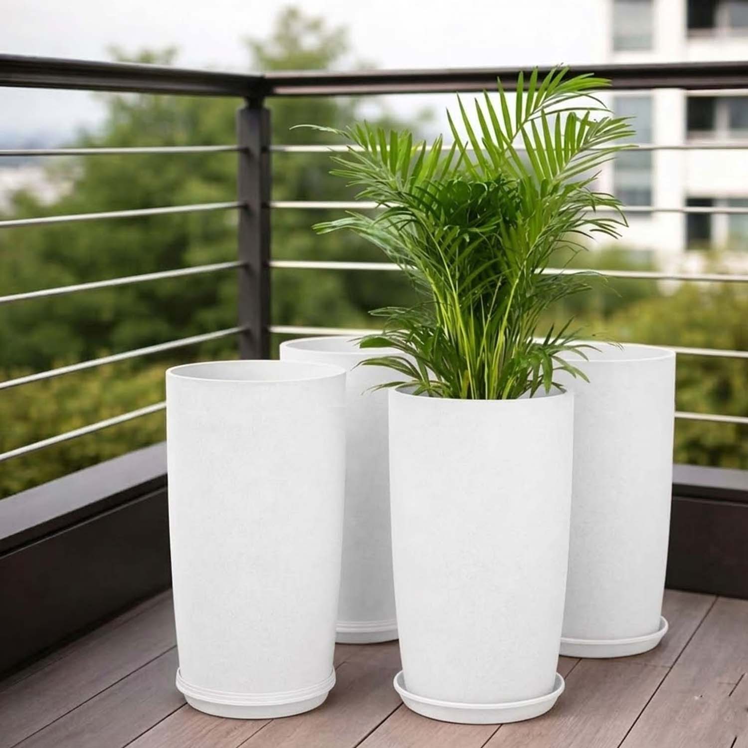 Go Hooked 18 Inch Tower Pots with Saucer Tray Planter - Lightweight, Durable Outdoor & Indoor Planters, Perfect for Balcony & Terrace Gardens (White, Pack of 4)