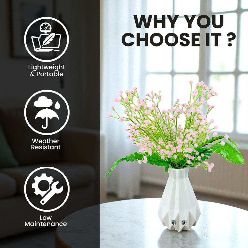 Go Hooked Artificial Flowers with Majesty Vase 45cm Approx | 5Pcs Light Pink Baby’s Breath Gypsophila | 4Pcs Fern Leaves | Real Touch Faux Plant Décor for Living Room, Bedroom, Office & Tabletop