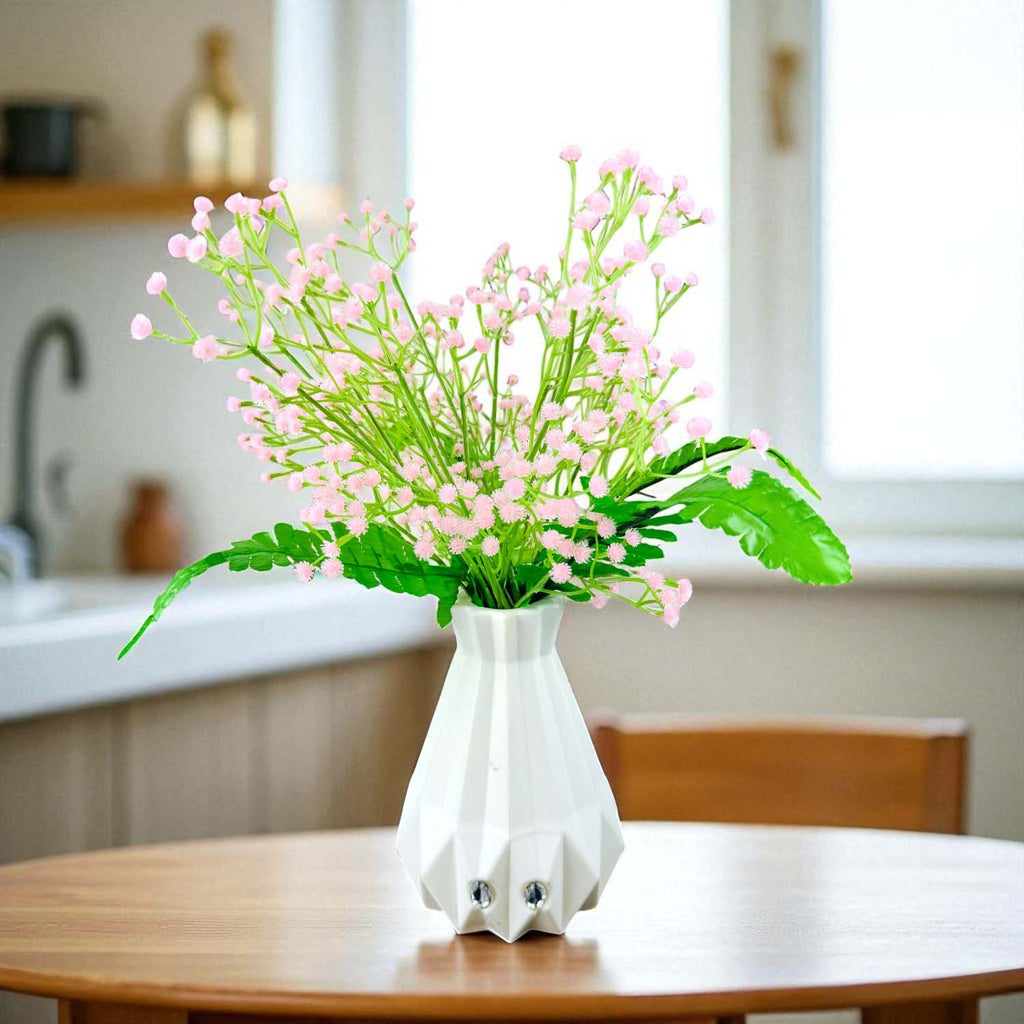 Go Hooked Artificial Flowers with Majesty Vase 45cm Approx | 5Pcs Light Pink Baby’s Breath Gypsophila | 4Pcs Fern Leaves | Real Touch Faux Plant Décor for Living Room, Bedroom, Office & Tabletop