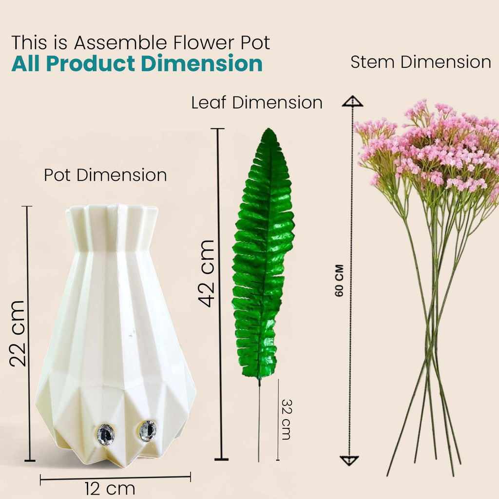 Go Hooked Artificial Flowers with Majesty Vase 45cm Approx | 5Pcs Light Pink Baby’s Breath Gypsophila | 4Pcs Fern Leaves | Real Touch Faux Plant Décor for Living Room, Bedroom, Office & Tabletop
