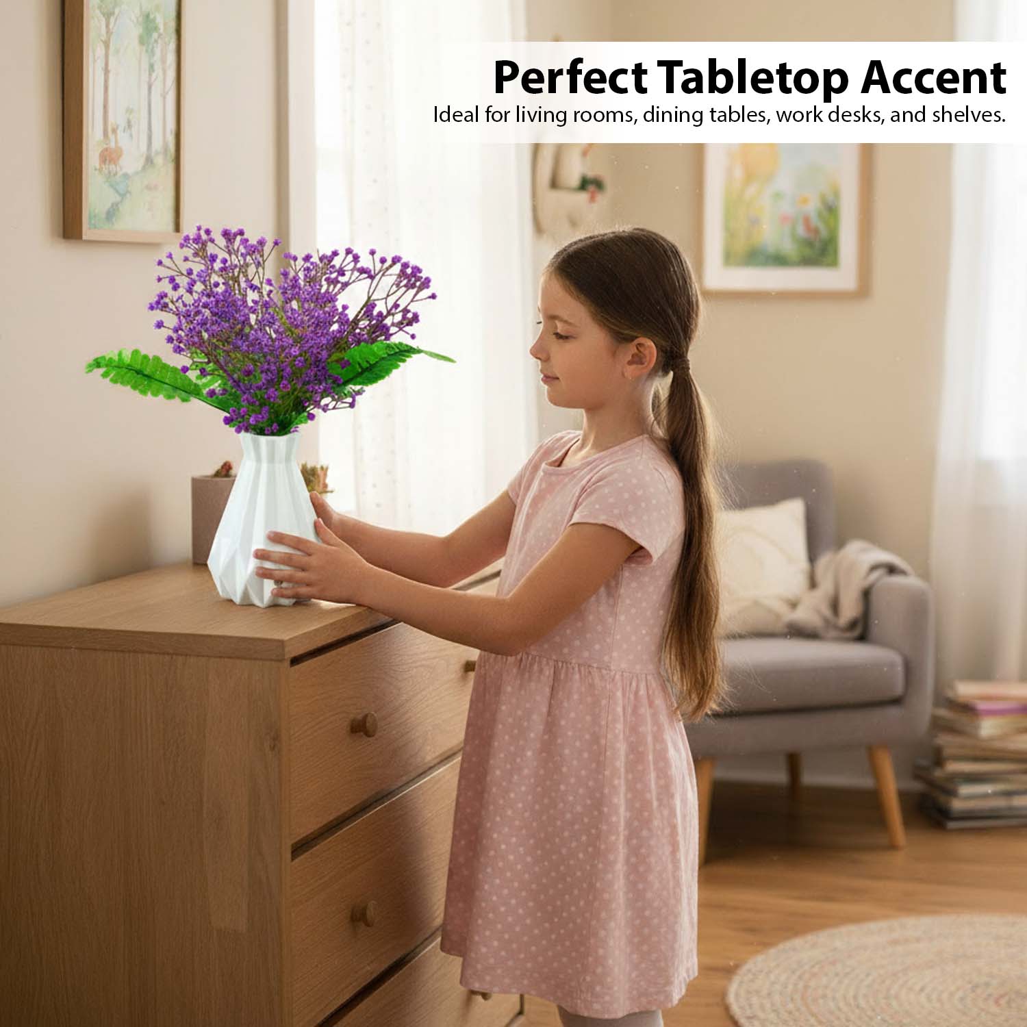Go Hooked Artificial Flowers with Majesty Vase 45cm Approx | 5Pcs Purple Baby’s Breath Gypsophila | 4Pcs Fern Leaves | Real Touch Faux Plant Décor for Living Room, Bedroom, Office & Tabletop