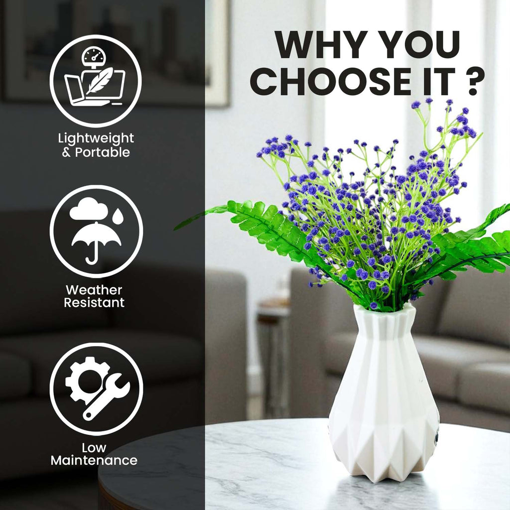 Go Hooked Artificial Flowers with Majesty Vase 45cm Approx | 5Pcs Purple Baby’s Breath Gypsophila | 4Pcs Fern Leaves | Real Touch Faux Plant Décor for Living Room, Bedroom, Office & Tabletop