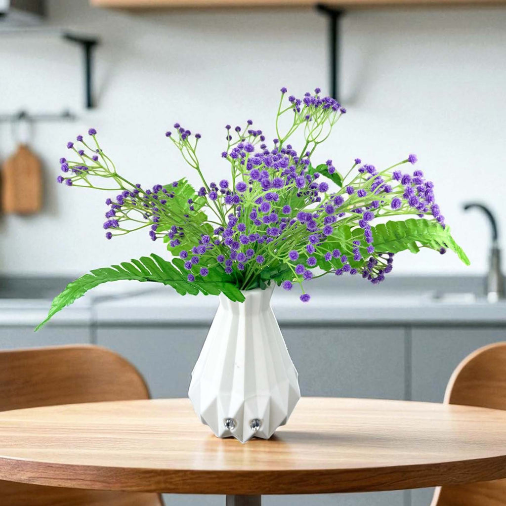 Go Hooked Artificial Flowers with Majesty Vase 45cm Approx | 5Pcs Purple Baby’s Breath Gypsophila | 4Pcs Fern Leaves | Real Touch Faux Plant Décor for Living Room, Bedroom, Office & Tabletop