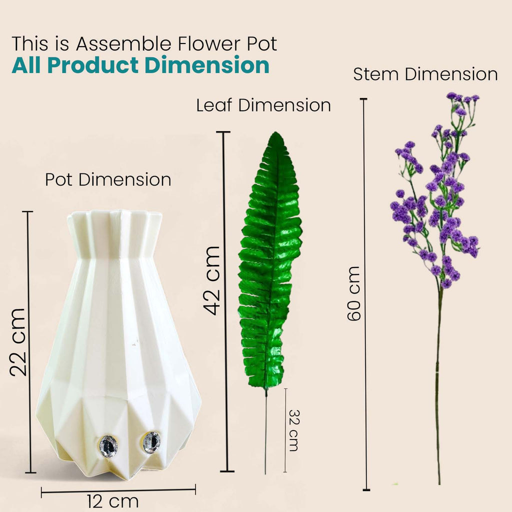 Go Hooked Artificial Flowers with Majesty Vase 45cm Approx | 5Pcs Purple Baby’s Breath Gypsophila | 4Pcs Fern Leaves | Real Touch Faux Plant Décor for Living Room, Bedroom, Office & Tabletop