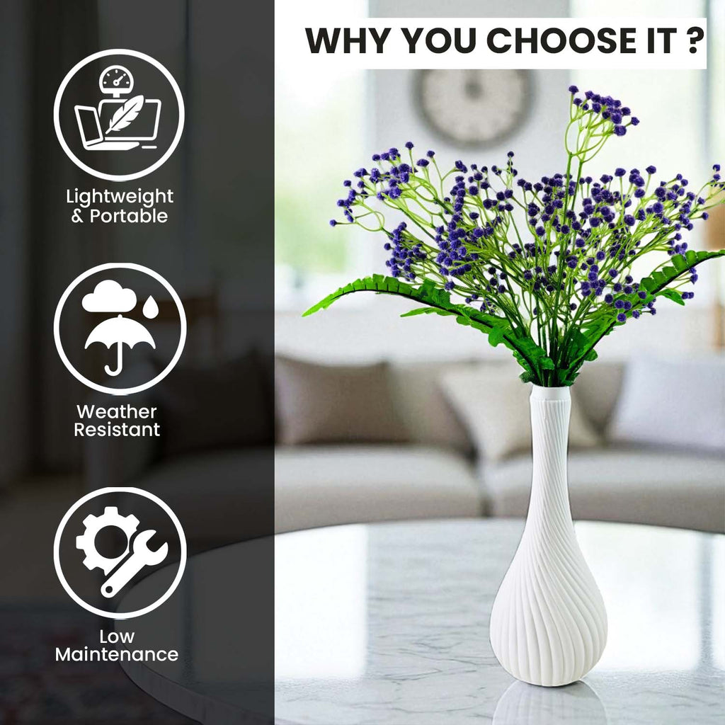 Go Hooked Artificial Flowers with Surahi Vase 60cm Approx | 5Pcs Purple Baby’s Breath Gypsophila | 4Pcs Fern Leaves | Real Touch Faux Plant Décor for Living Room, Bedroom, Office & Tabletop