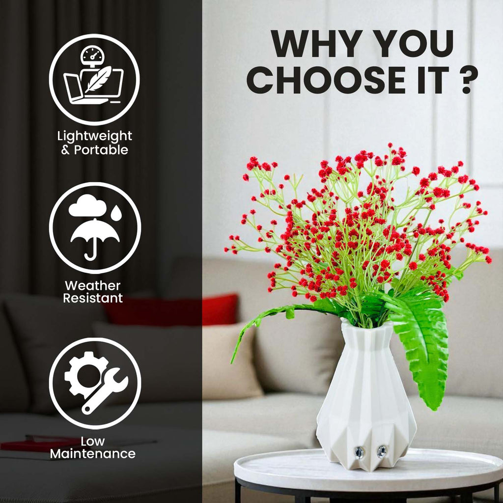 Go Hooked Artificial Flowers with Majesty Vase 45cm Approx | 5Pcs Red Baby’s Breath Gypsophila | 4Pcs Fern Leaves | Real Touch Faux Plant Décor for Living Room, Bedroom, Office & Tabletop