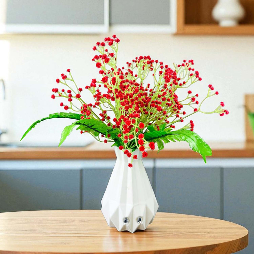 Go Hooked Artificial Flowers with Majesty Vase 45cm Approx | 5Pcs Red Baby’s Breath Gypsophila | 4Pcs Fern Leaves | Real Touch Faux Plant Décor for Living Room, Bedroom, Office & Tabletop