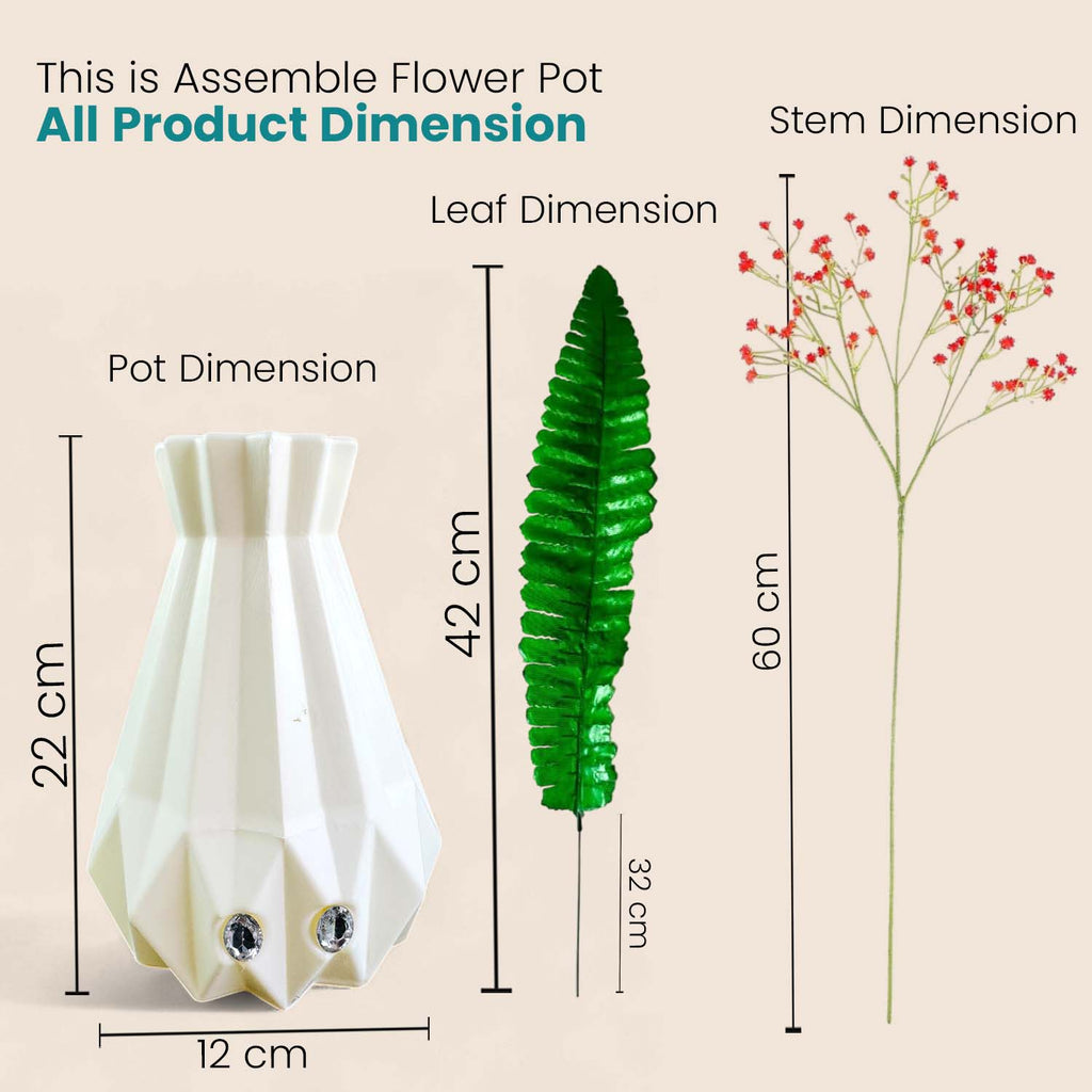 Go Hooked Artificial Flowers with Majesty Vase 45cm Approx | 5Pcs Red Baby’s Breath Gypsophila | 4Pcs Fern Leaves | Real Touch Faux Plant Décor for Living Room, Bedroom, Office & Tabletop
