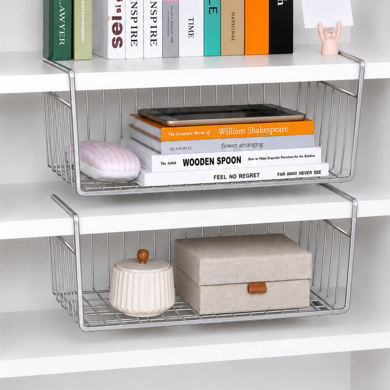 BIANCO 16 Inch Undershelf Storage Basket Pack of 2 | Multipurpose Under Shelf Organizer | Hanging Wire Basket for Shelf, Cabinet, Pantry, Cupboard, Closet, Desk, and Bathroom (Silver)