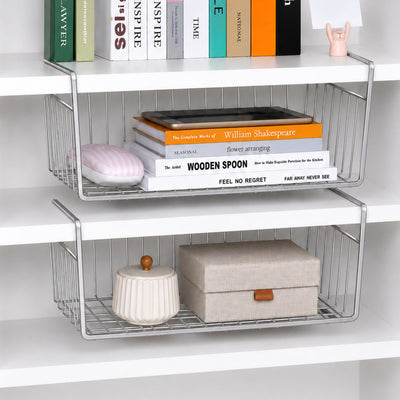 Go Hooked 16 Inch Undershelf Storage Basket Under Cabinet Storage Organizer Space Saving Versatile Heavy Duty Sleek and Sturdy Compact and Durable Modern Robust Elegant 2 Pcs Silver