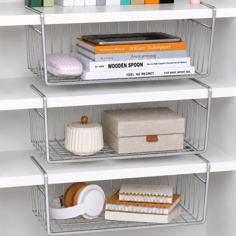 Go Hooked ViMe Powder Coated Iron Multipurpose Under Cabinet Undershelf Organiser Basket Storage Rack 16 Inch Silver Space Saving Versatile Heavy Duty Compact and Durable Pack of 3