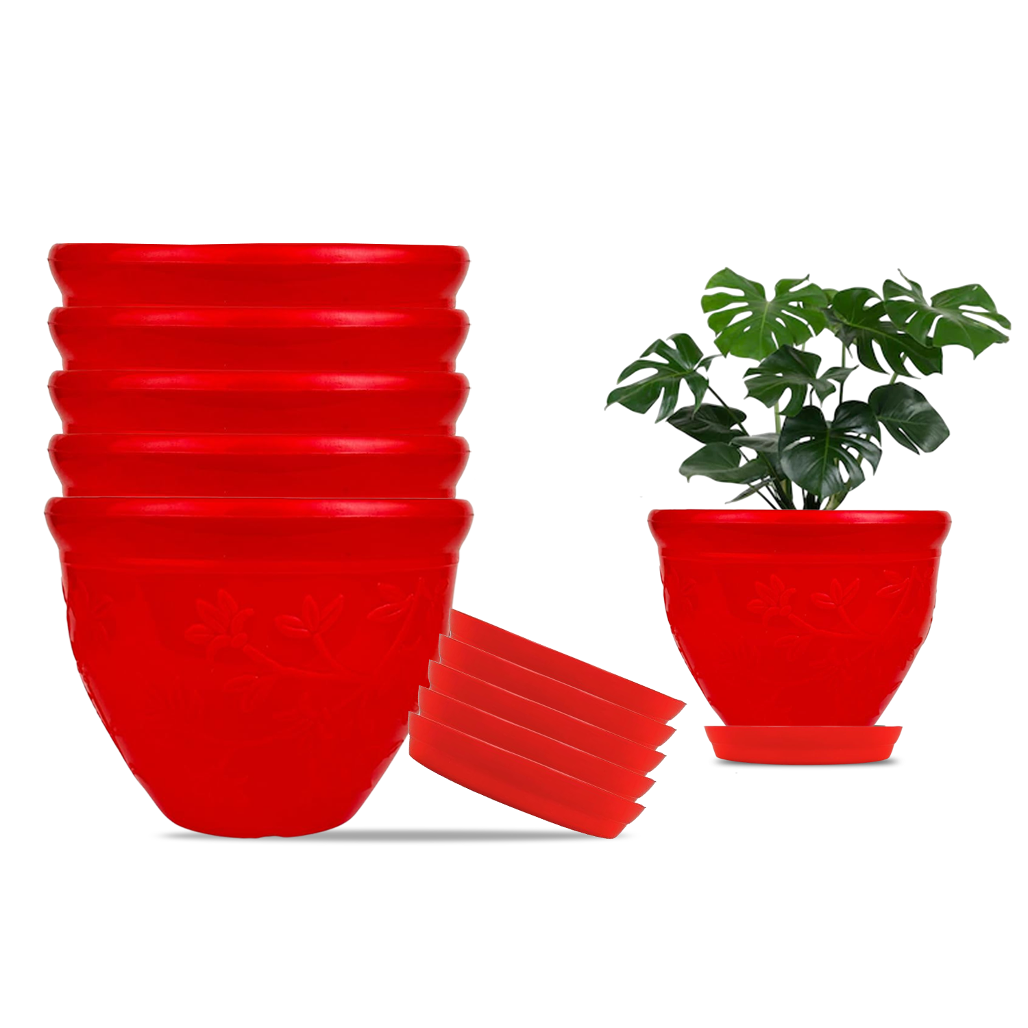 Go Hooked Plastic Planter Pots Set of 6 with Saucer Tray | Flower Pots for Home, Office Garden Dcor | 6 Inch Victor Pot for Indoor Outdoor Plants | Stylish & Modern Design Plant Containers